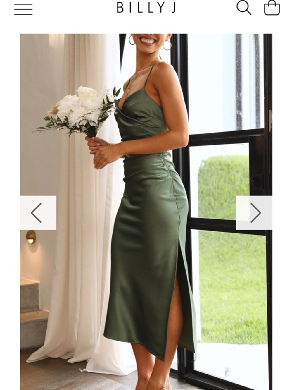 Satin Cowl Midi Slip Dress in Olive by BILLY J